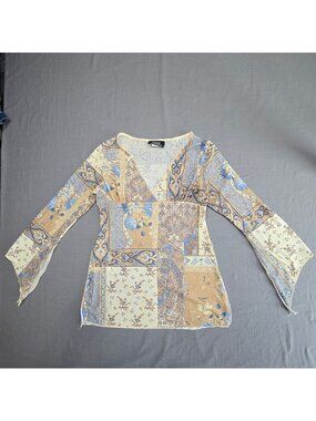 Vintage Y2K M Long Sleeve Boho Top Brown/Blue Fairy Festival Babydoll Empire